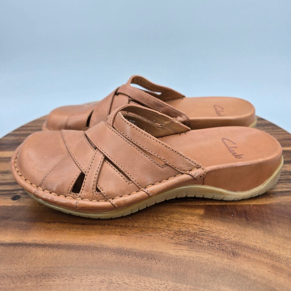 Clarks Shoes Women's 7 M Light Brown Leather Slip On Casual Comfort Mules Clogs - Picture 4 of 7